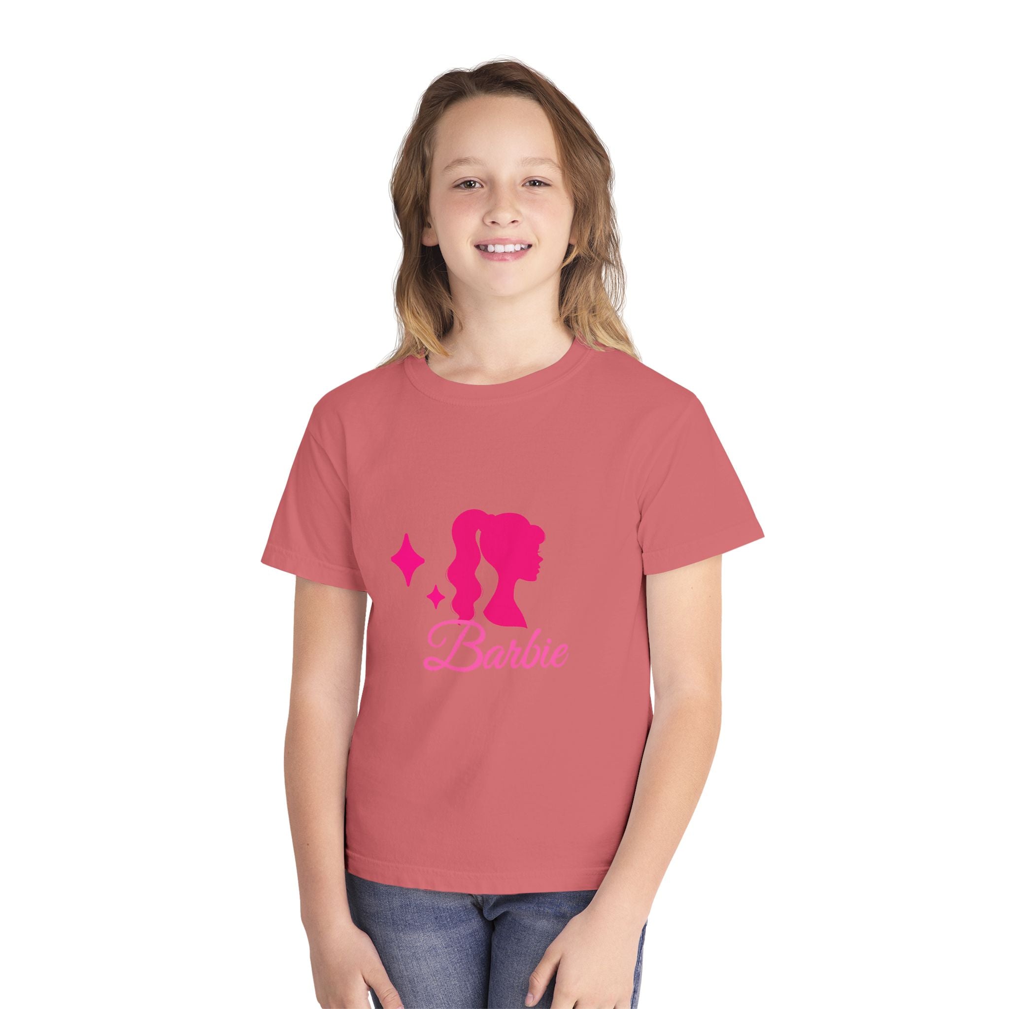 Barbie-Inspired Youth Midweight Tee, Pink Graphic Shirt, Kids Fashion Tee, Birthday Gift, Trendy Youth Apparel, Playful Summer Top