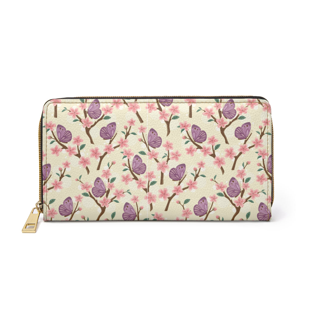 Butterfly Cherry Blossom Zipper Wallet - Spring Floral Purse, Women's Wallet, Cute Gift for Her, Butterfly Pattern, Stylish Organizer