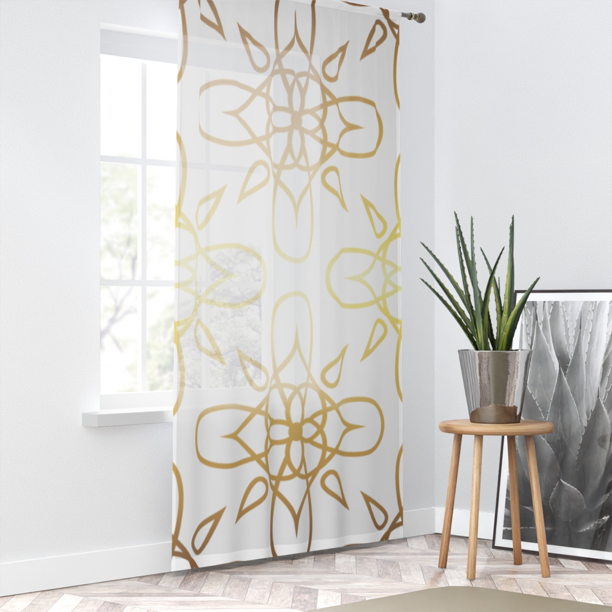 Elegant Sheer Window Curtain with Gold Floral Design, Boho Decor, Home Makeover, Light Filtering Drapes, Living Room Aesthetic