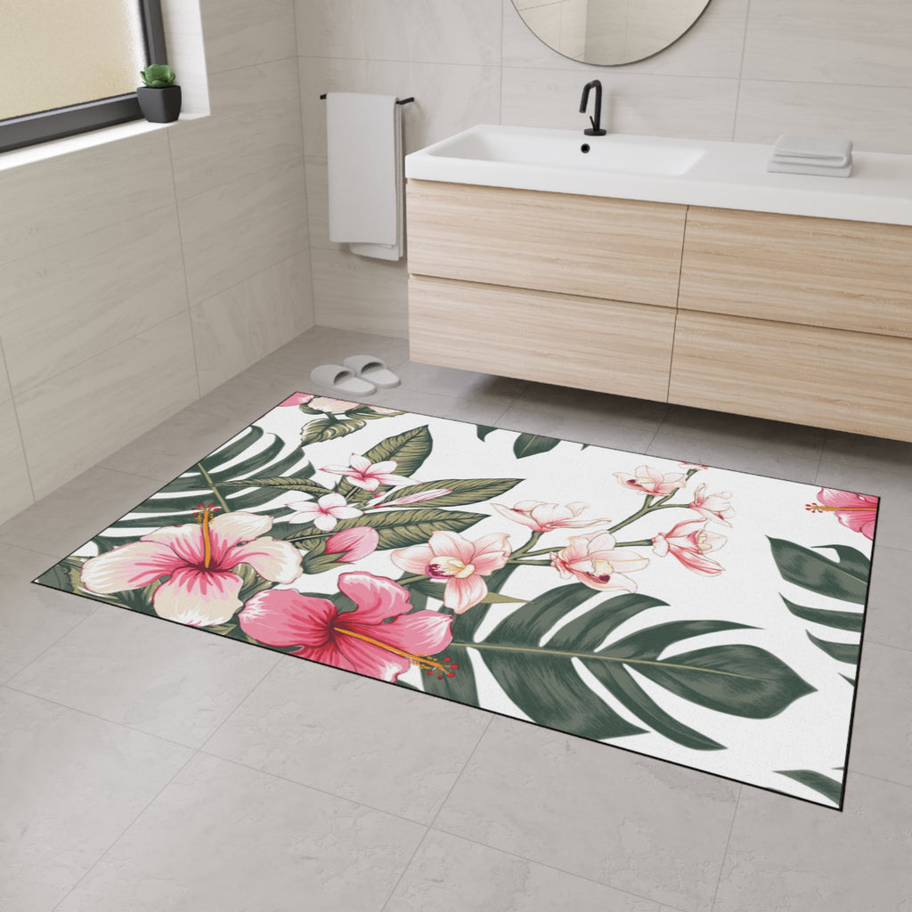 Hawaiian Tropical Plumeria Floral Heavy Duty Floor Mat, Kitchen Rug, Indoor Outdoor Welcome Mat, Home Decor, Summer Vibes, Hibiscus Design