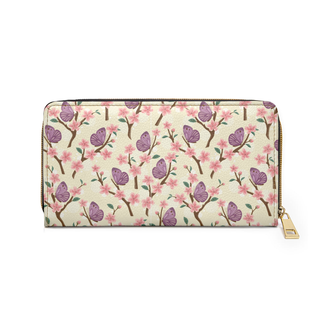 Butterfly Cherry Blossom Zipper Wallet - Spring Floral Purse, Women's Wallet, Cute Gift for Her, Butterfly Pattern, Stylish Organizer
