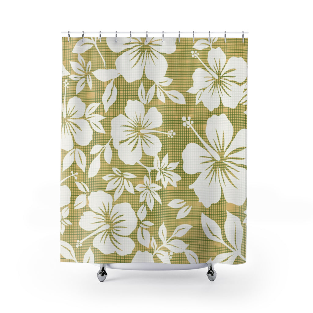 Boho Floral Shower Curtain, Tropical Bathroom Decor, Hibiscus Print, Green Flower Bath Curtain, Nature-Inspired Home Decor