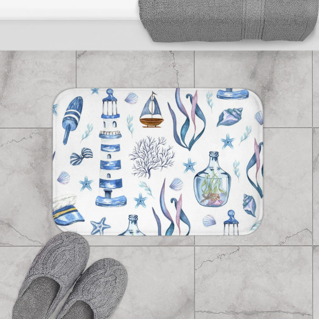 Coastal Seashell Bath Mat, Beach Decor, Nautical Bathroom Rug, Summer Home Accessory, Ocean Themed Gift