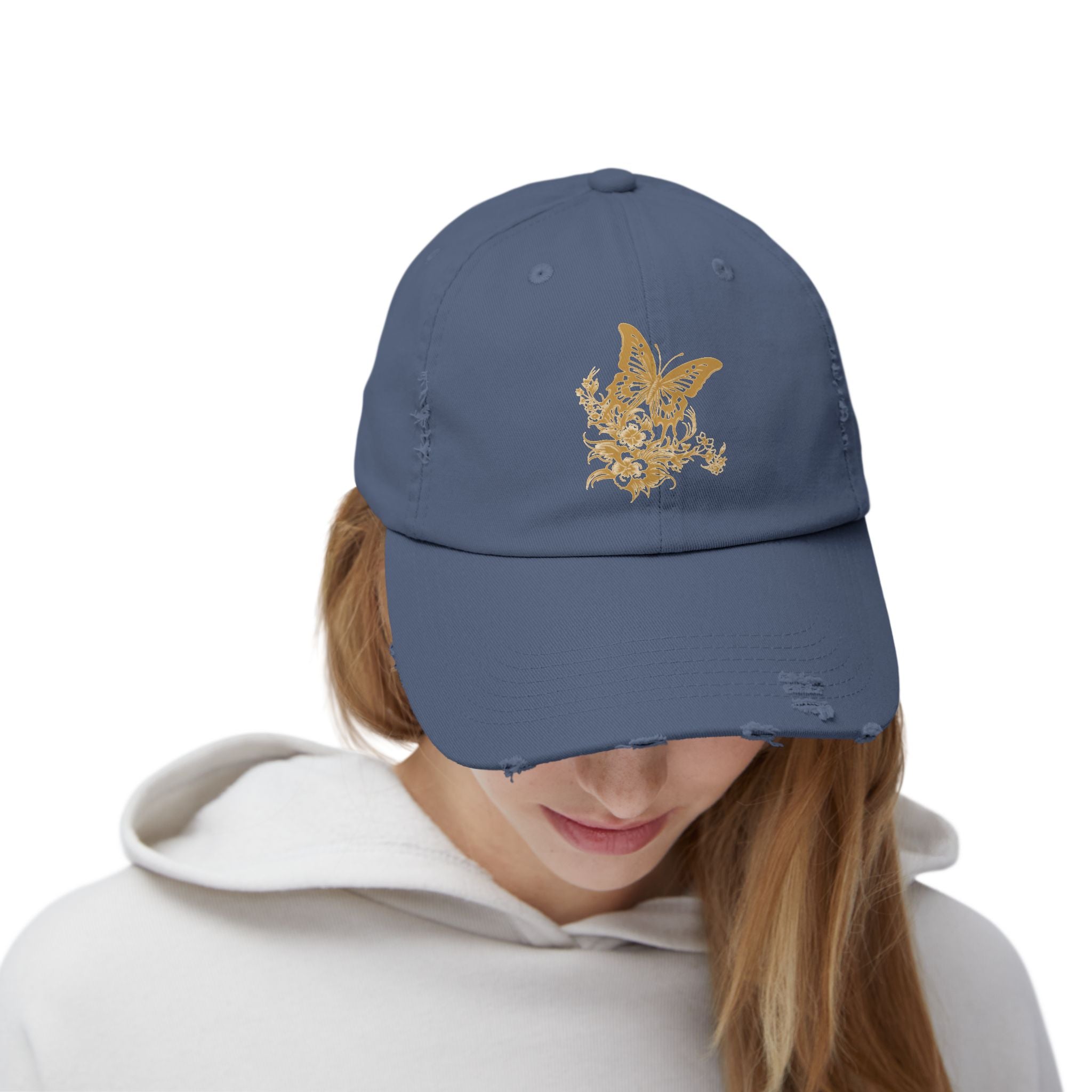 Distressed Butterfly Cap: Trendy Adjustable Hat for Outdoor Adventures, Casual Wear, Festivals, Gifts, Summer