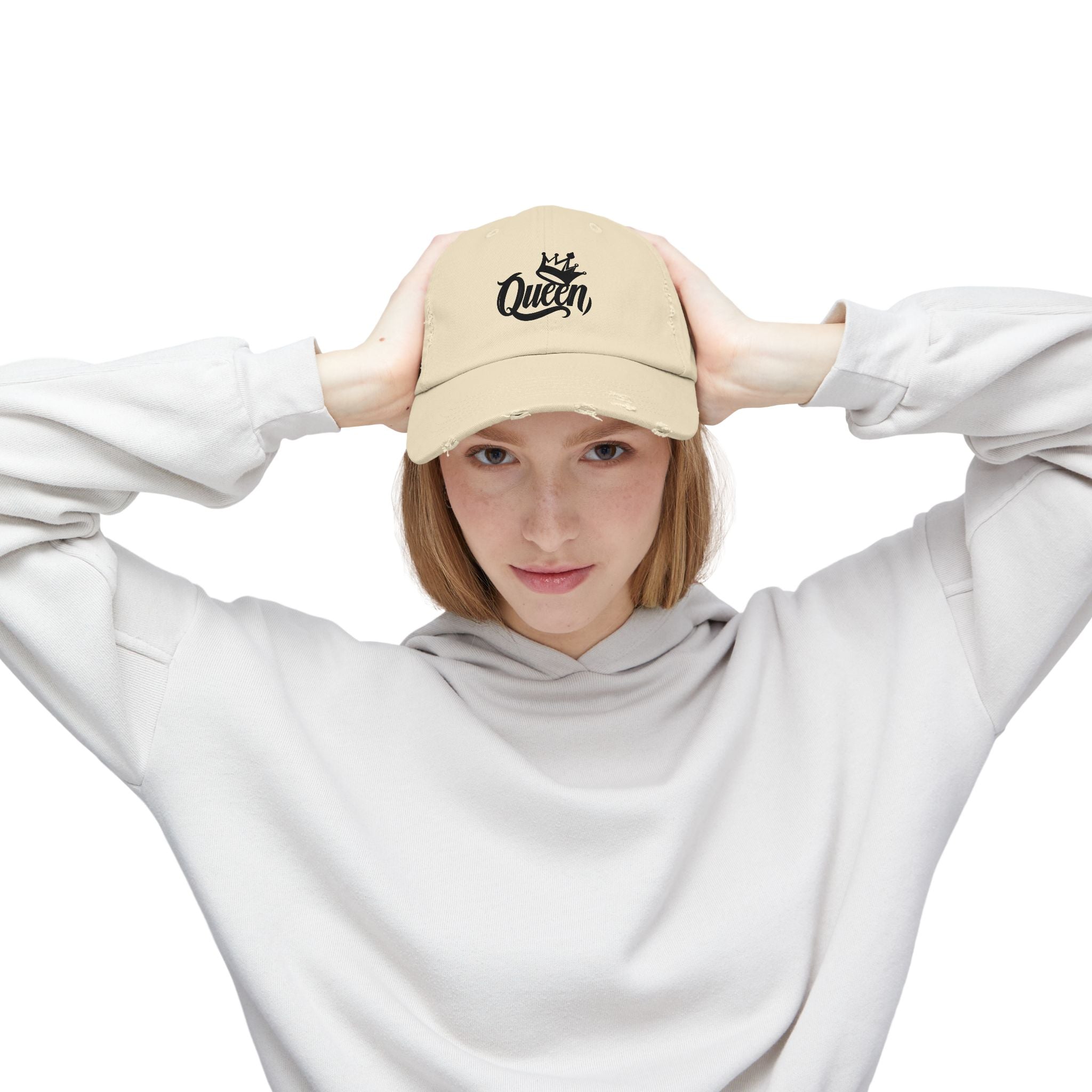 Queen Distressed Cap - Trendy Hat for Women, Casual Wear, Birthday Gift, Self-Care, Queen Vibes
