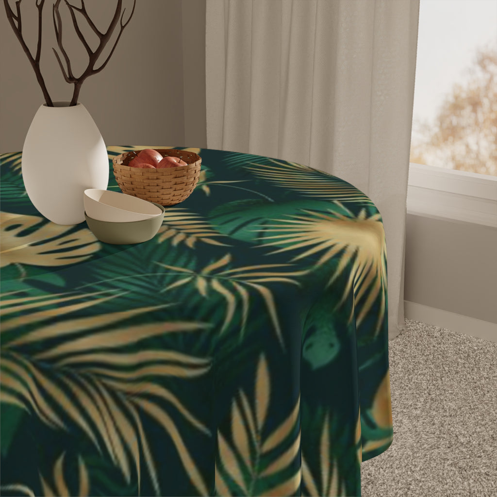 Hawaiian Tropical Monstera leafs Print Tablecloth, Elegant Dining Decor, Summer Celebration, Leafy Table Cover, Green & Gold Table Linen
