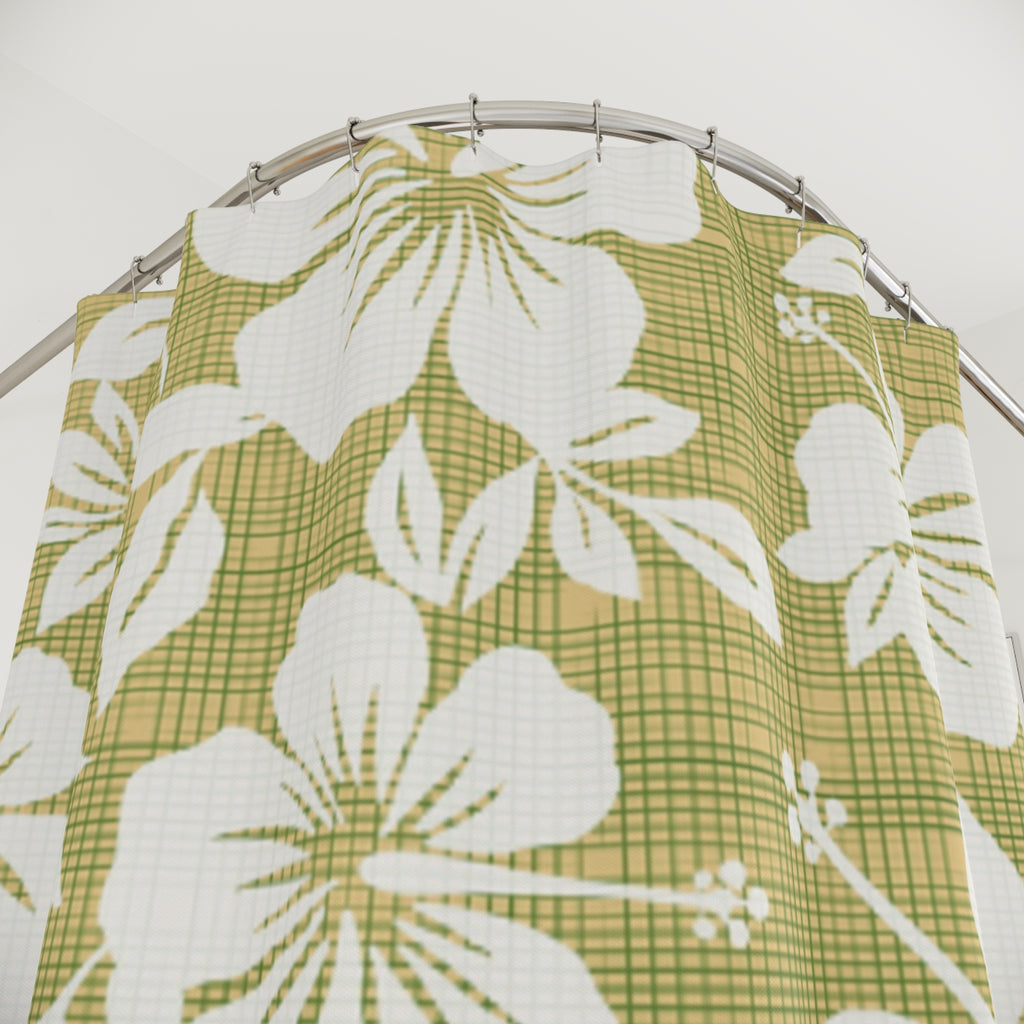 Boho Floral Shower Curtain, Tropical Bathroom Decor, Hibiscus Print, Green Flower Bath Curtain, Nature-Inspired Home Decor
