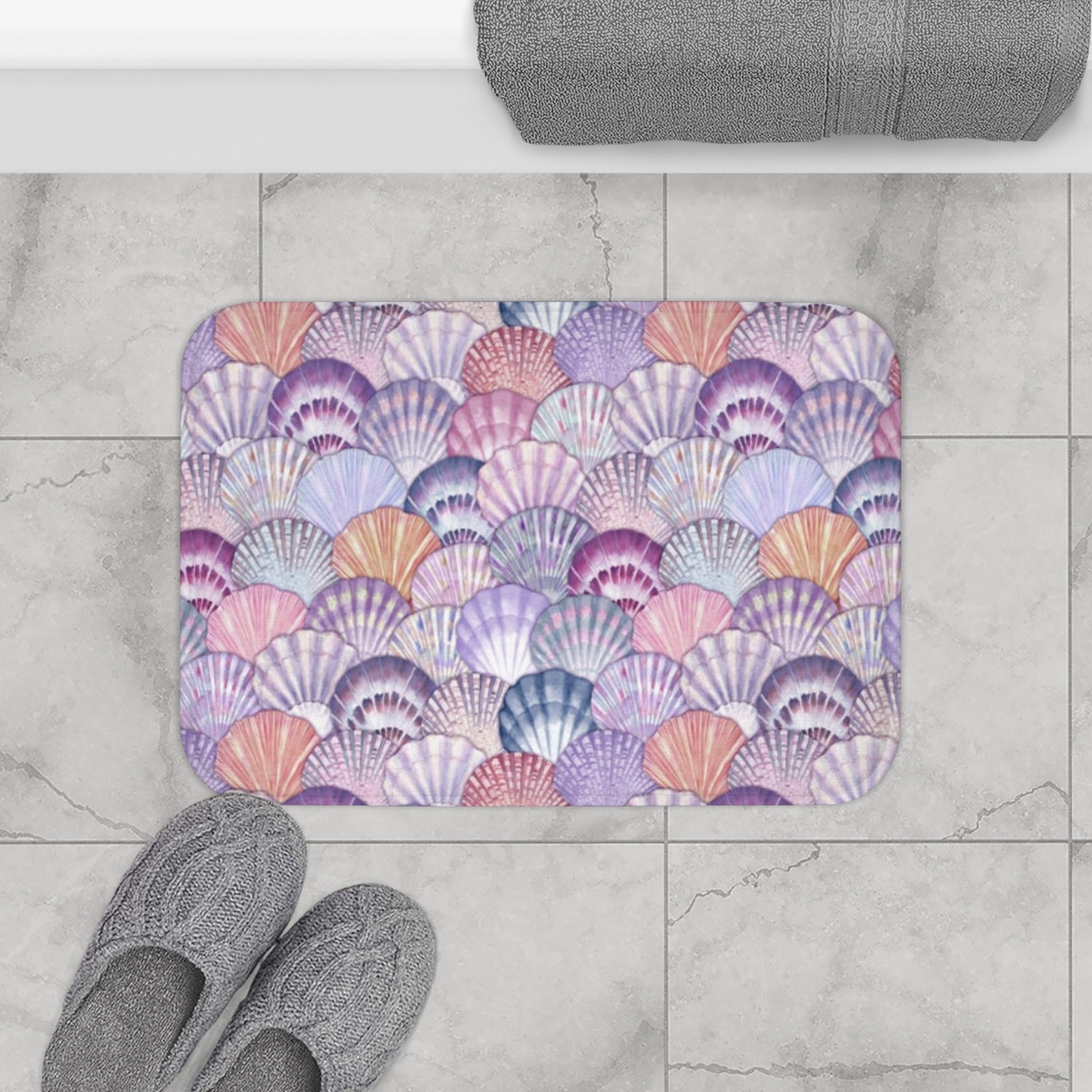Pastel Shell Bath Mat - Coastal Decor, Bathroom Accessory, Seashell Bath Rug, Ocean-Themed Gift, Beach House Decor