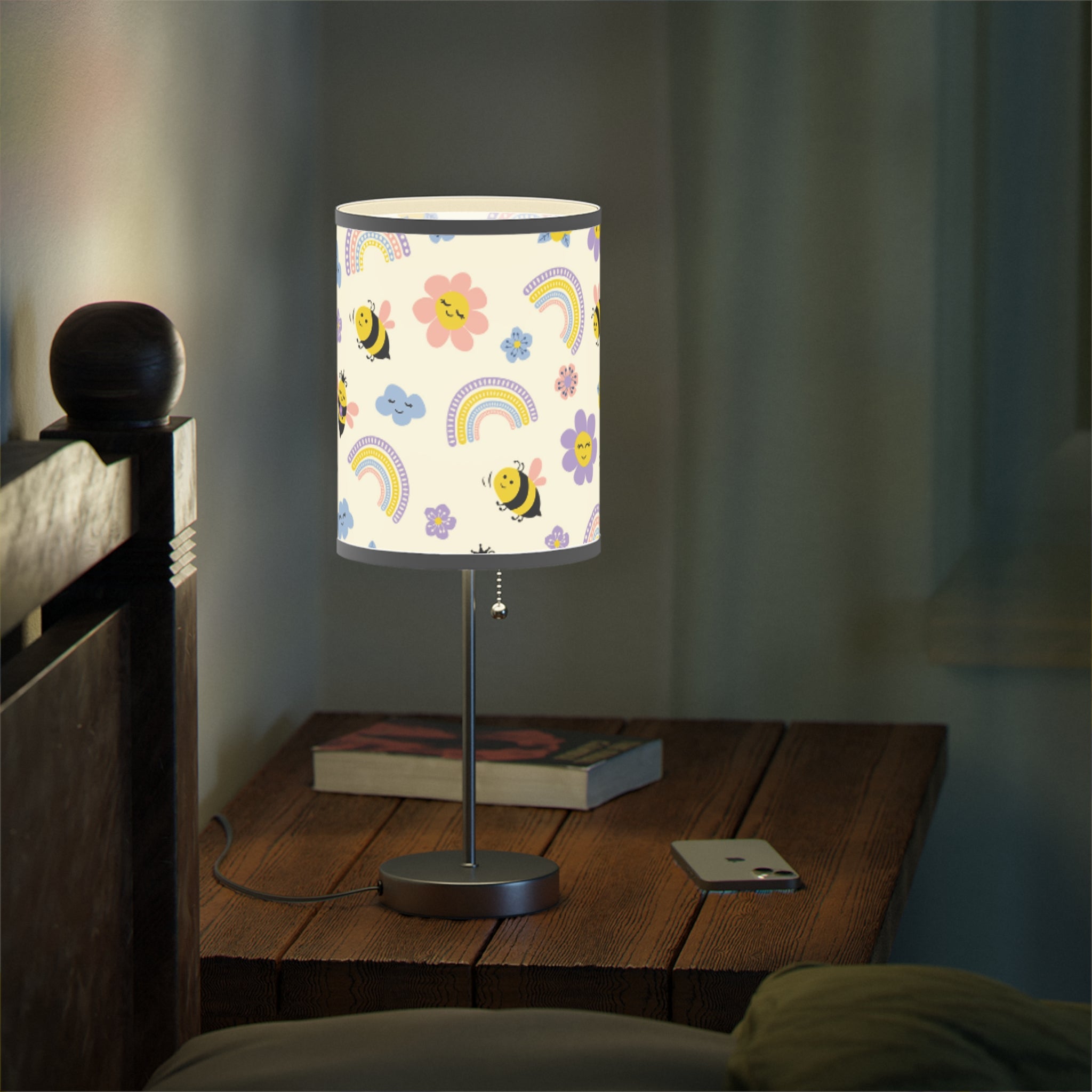 Cheerful Floral Table Lamp, Bee and Rainbow Decor for Kids Room, Night Light for Nursery or Playroom, Ideal Birthday Gift, Home Decor