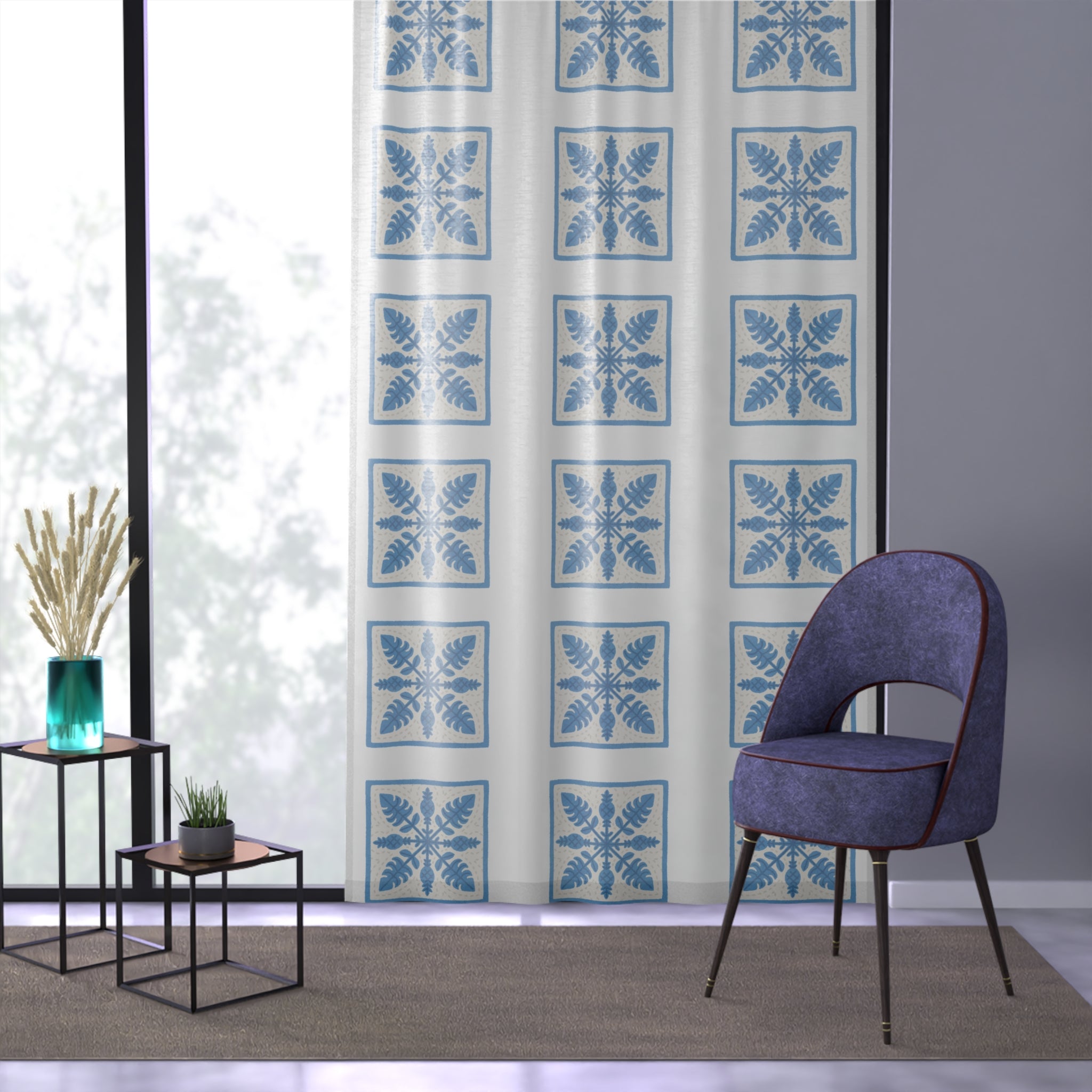 Blue Nature Pattern Window Curtain, Boho Home Decor, Living Room Privacy Drapes, Botanical Floral Curtains, Aesthetic Window Treatment