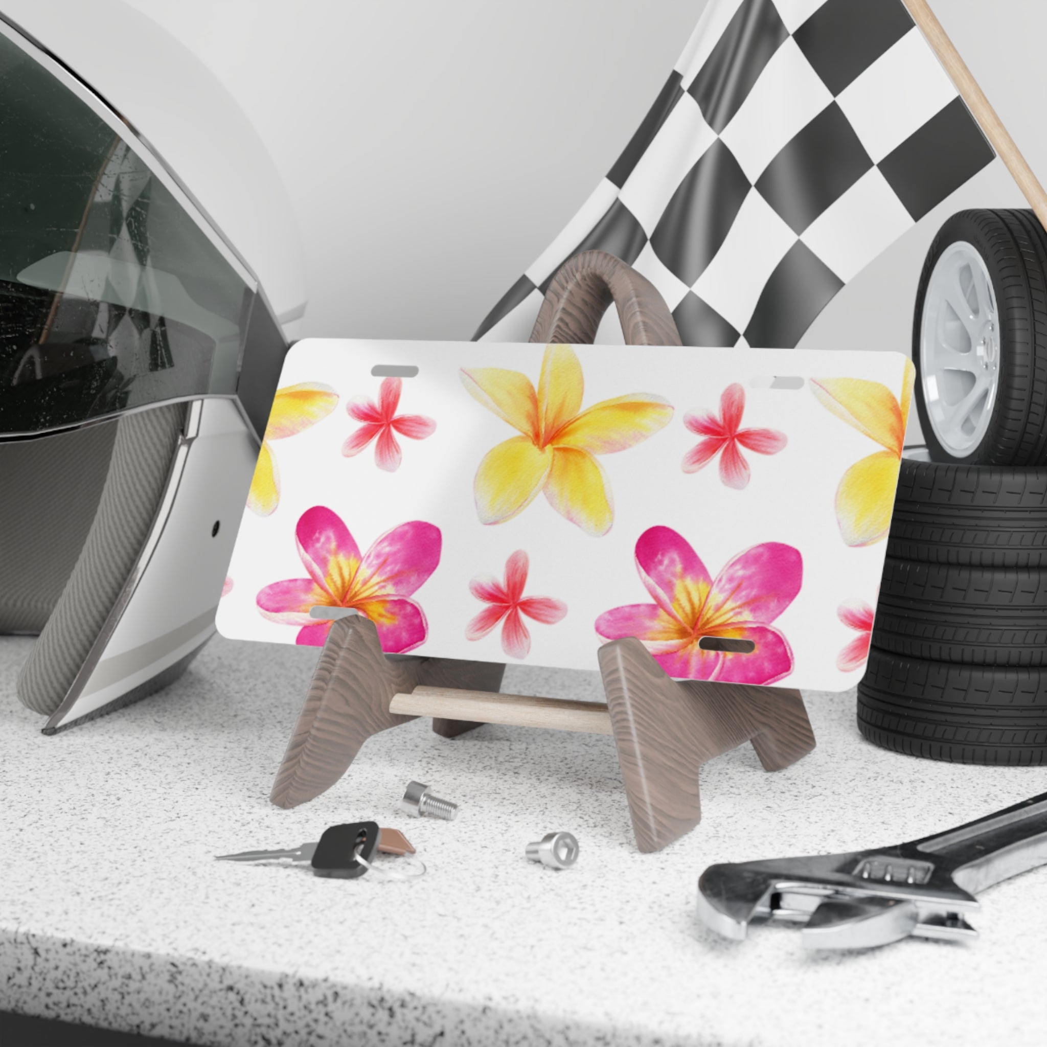 Floral Vanity Plate with Pink and Yellow Flowers, Unique Car Decor, Gift for Summer, Home Decor, Custom Car Accessories, Vehicle [...]