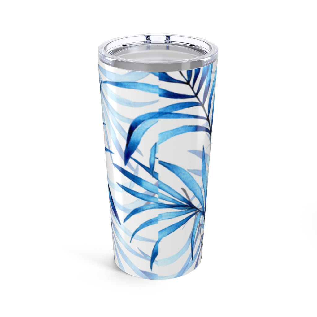 Blue Tropical Leaves Tumbler, 20oz Insulated Travel Mug, Eco-Friendly Coffee Cup, Gifts for Her, Summer Drinkware, Beach Party Accessory