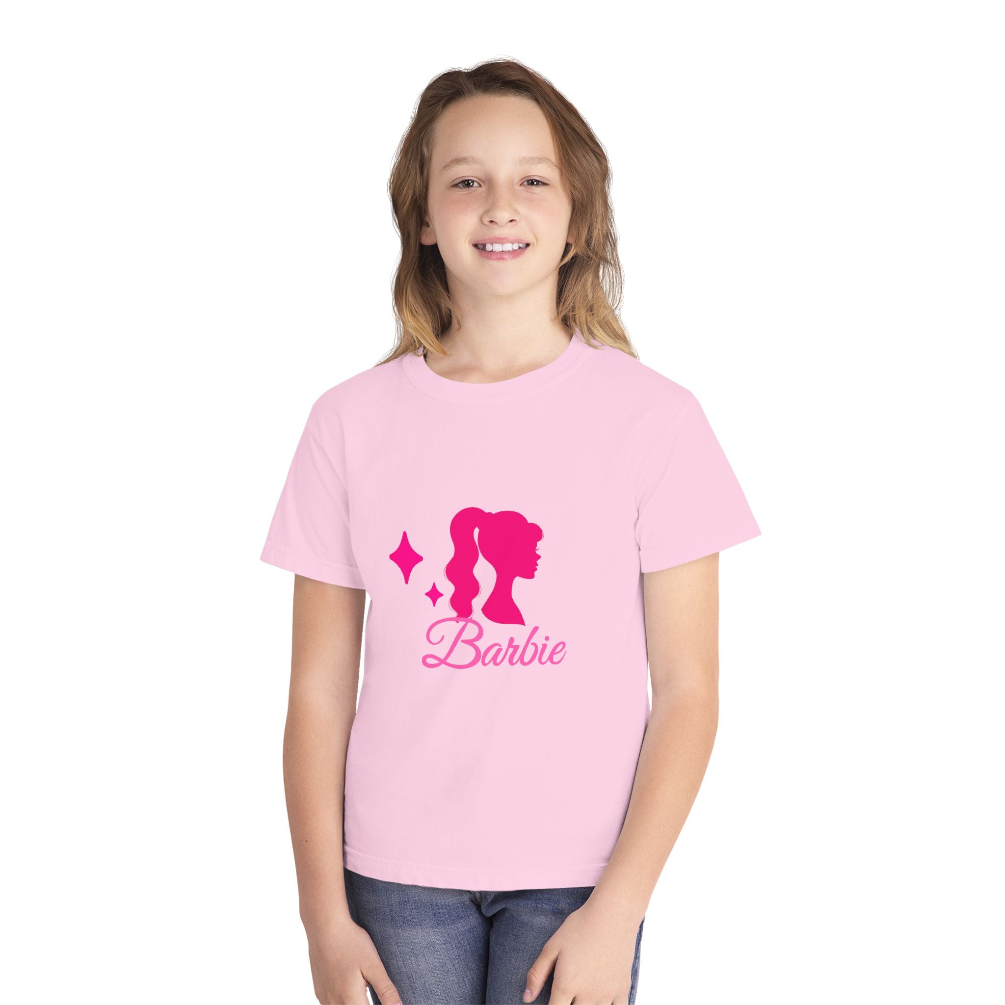 Barbie-Inspired Youth Midweight Tee, Pink Graphic Shirt, Kids Fashion Tee, Birthday Gift, Trendy Youth Apparel, Playful Summer Top