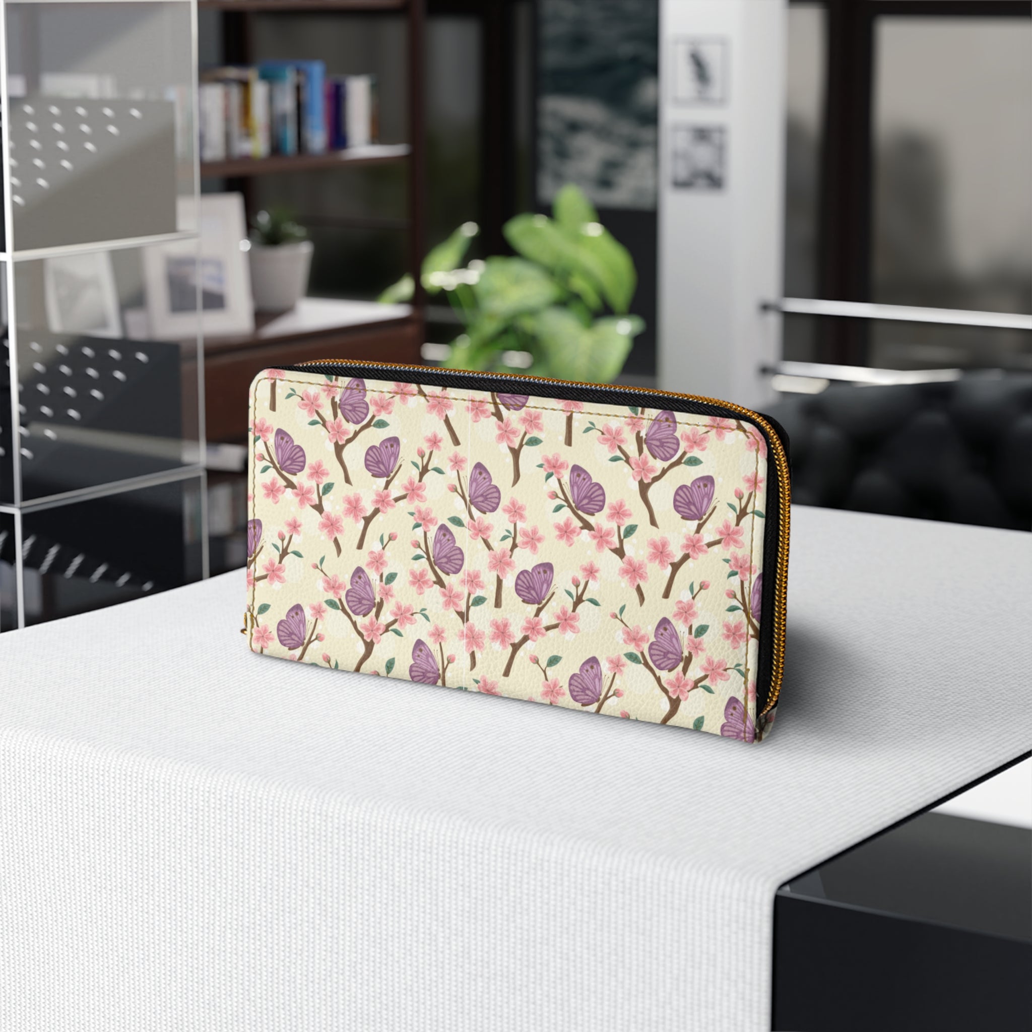 Butterfly Cherry Blossom Zipper Wallet - Spring Floral Purse, Women's Wallet, Cute Gift for Her, Butterfly Pattern, Stylish Organizer