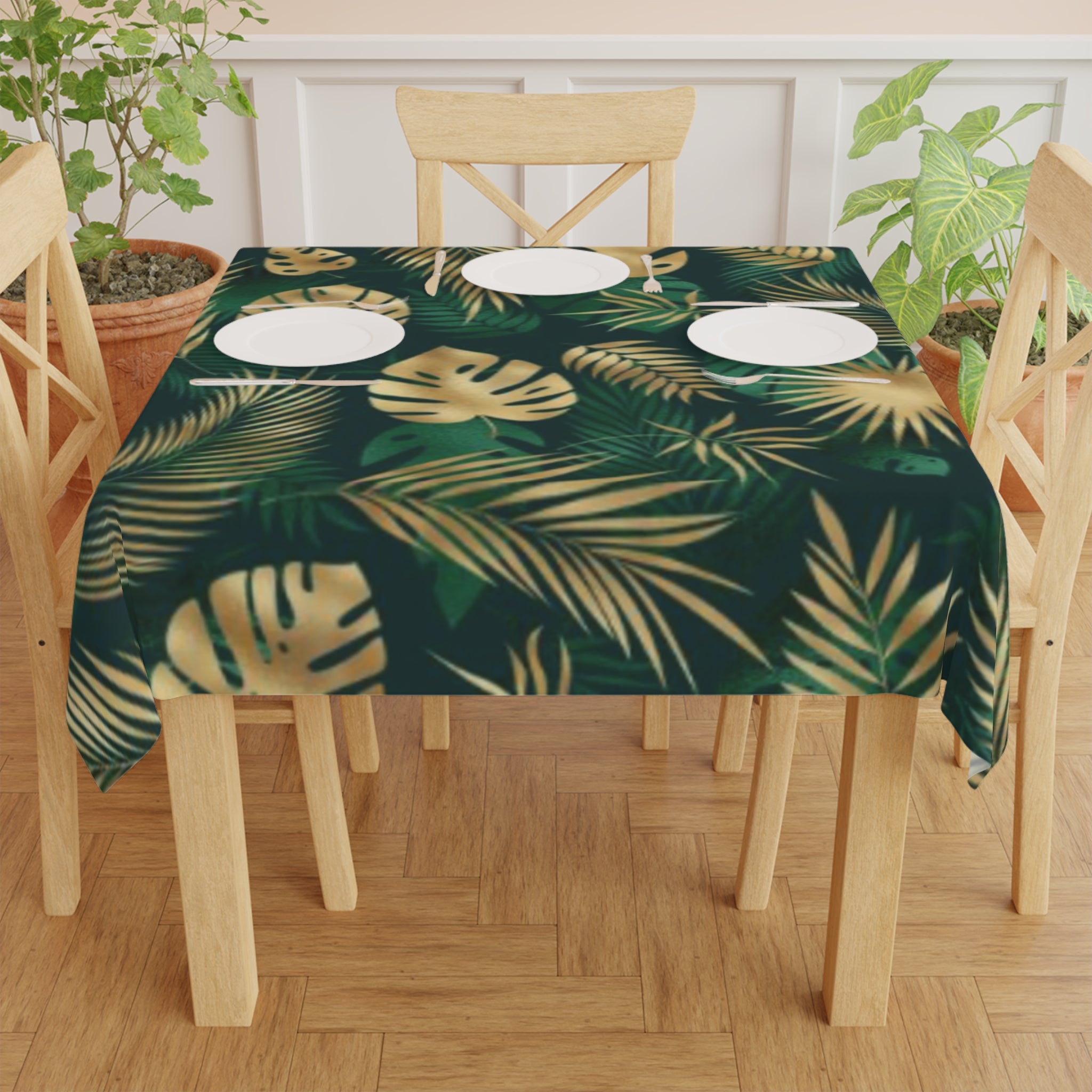 Hawaiian Tropical Monstera leafs Print Tablecloth, Elegant Dining Decor, Summer Celebration, Leafy Table Cover, Green & Gold Table Linen
