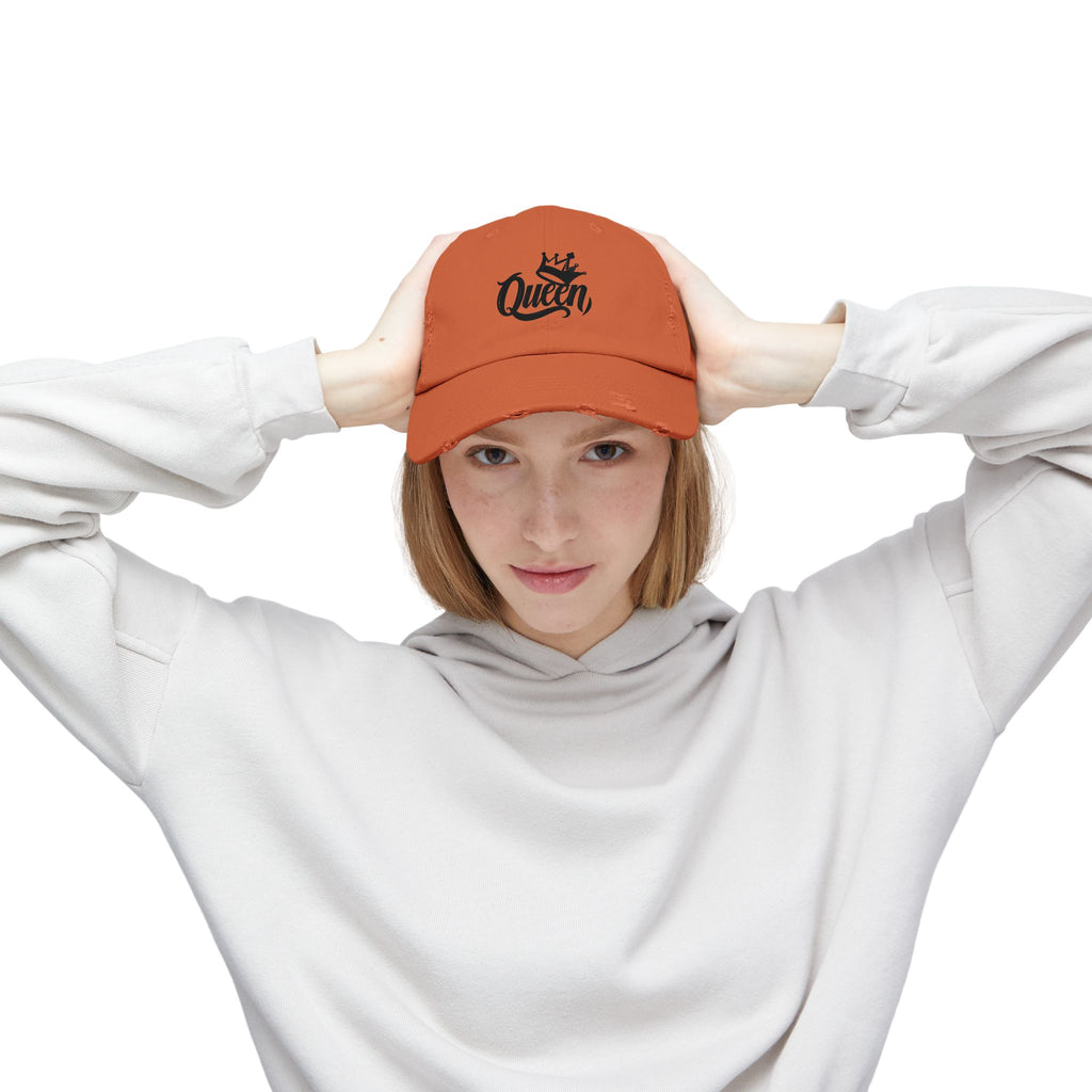 Queen Distressed Cap - Trendy Hat for Women, Casual Wear, Birthday Gift, Self-Care, Queen Vibes