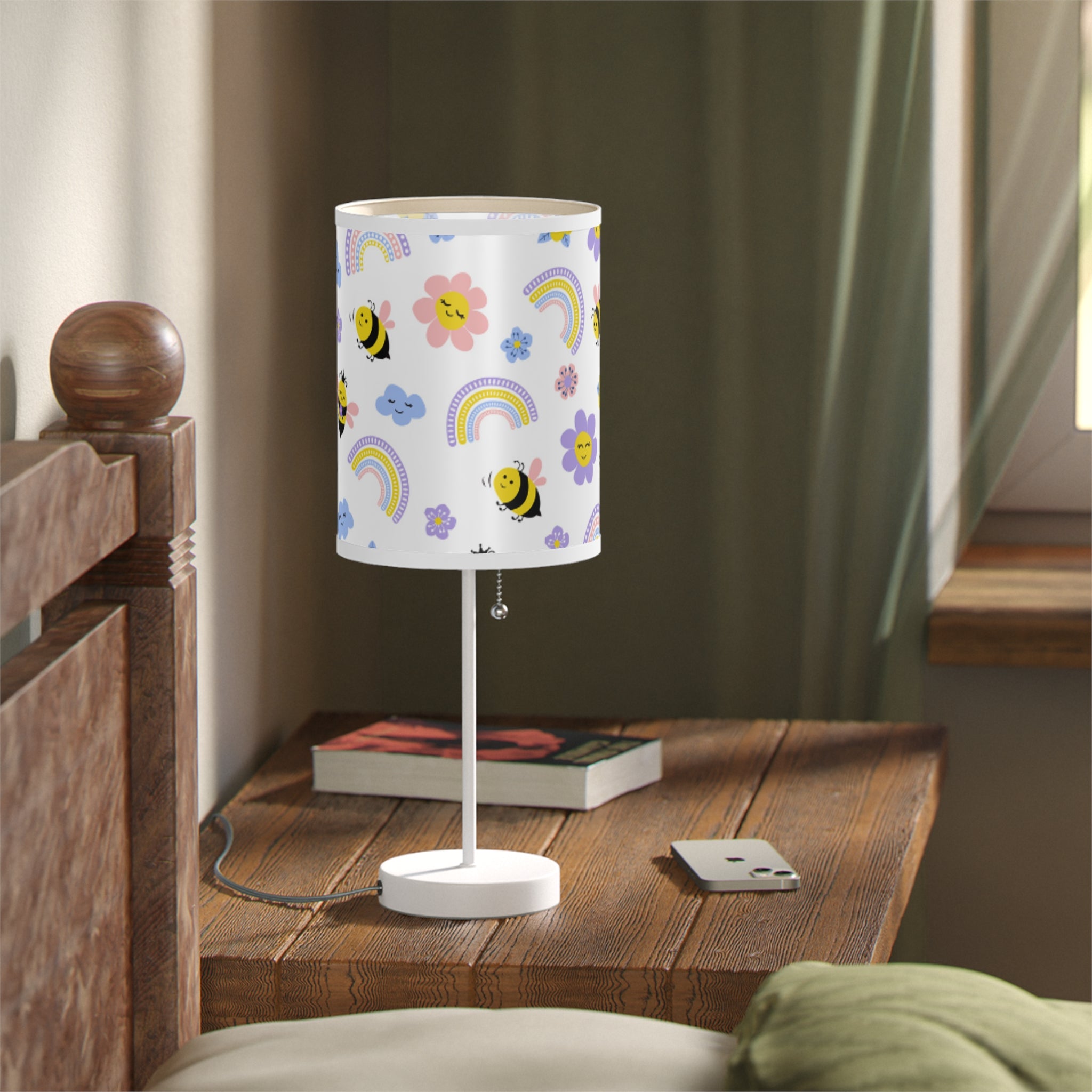Cheerful Floral Table Lamp, Bee and Rainbow Decor for Kids Room, Night Light for Nursery or Playroom, Ideal Birthday Gift, Home Decor