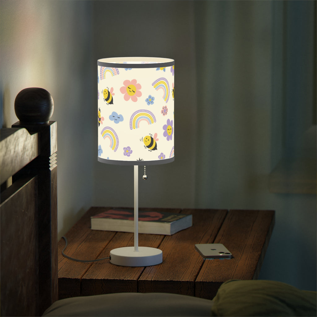 Cheerful Floral Table Lamp, Bee and Rainbow Decor for Kids Room, Night Light for Nursery or Playroom, Ideal Birthday Gift, Home Decor