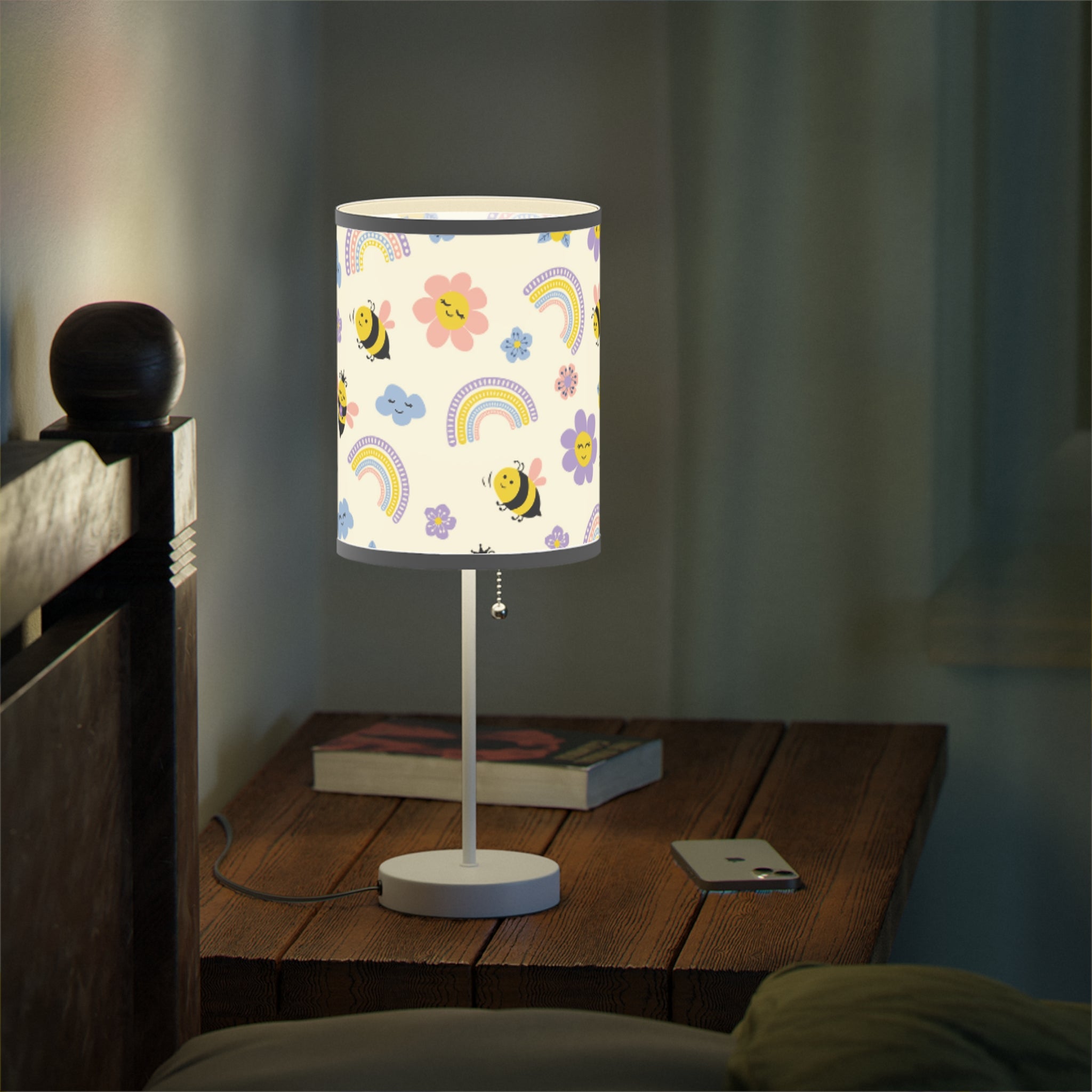 Cheerful Floral Table Lamp, Bee and Rainbow Decor for Kids Room, Night Light for Nursery or Playroom, Ideal Birthday Gift, Home Decor