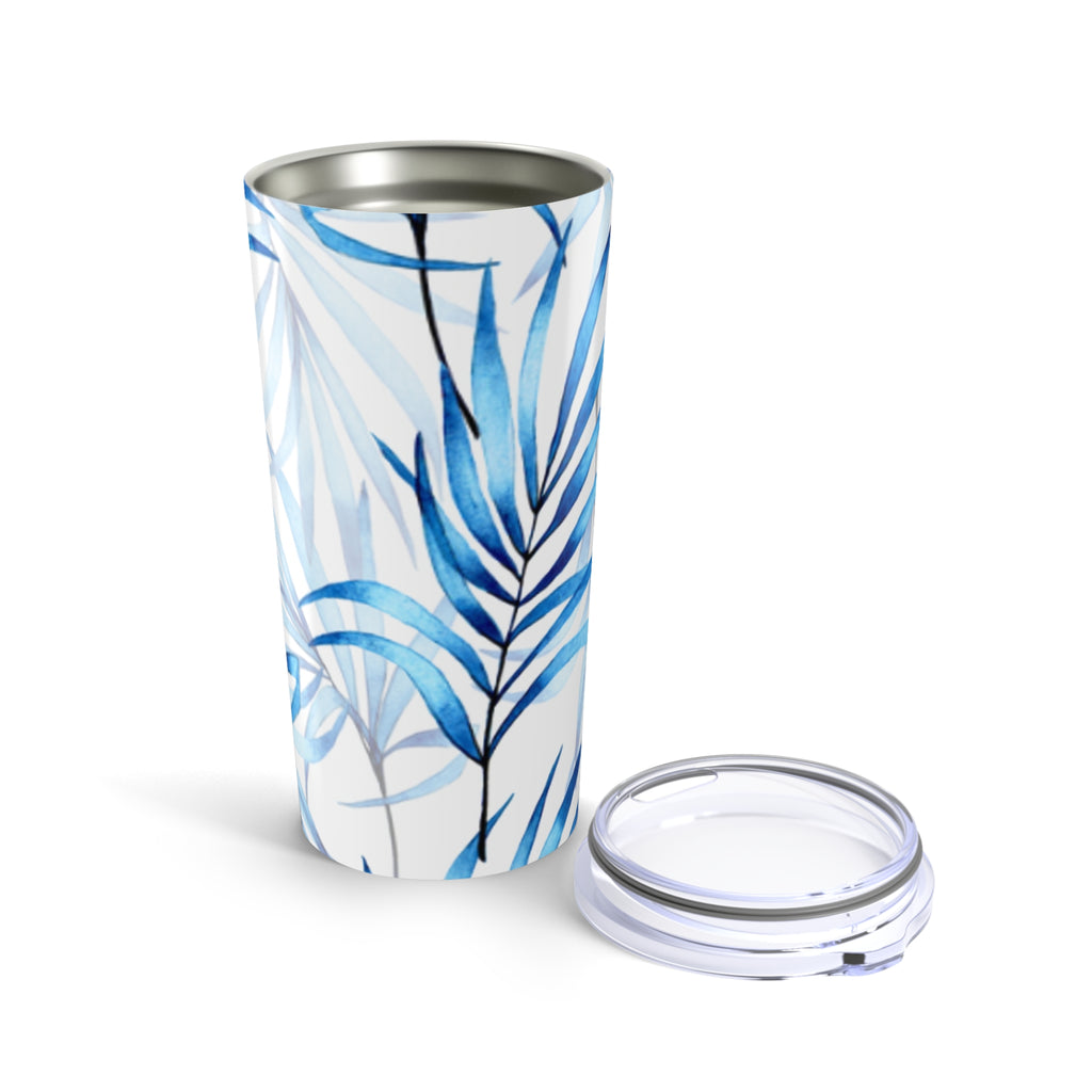 Blue Tropical Leaves Tumbler, 20oz Insulated Travel Mug, Eco-Friendly Coffee Cup, Gifts for Her, Summer Drinkware, Beach Party Accessory