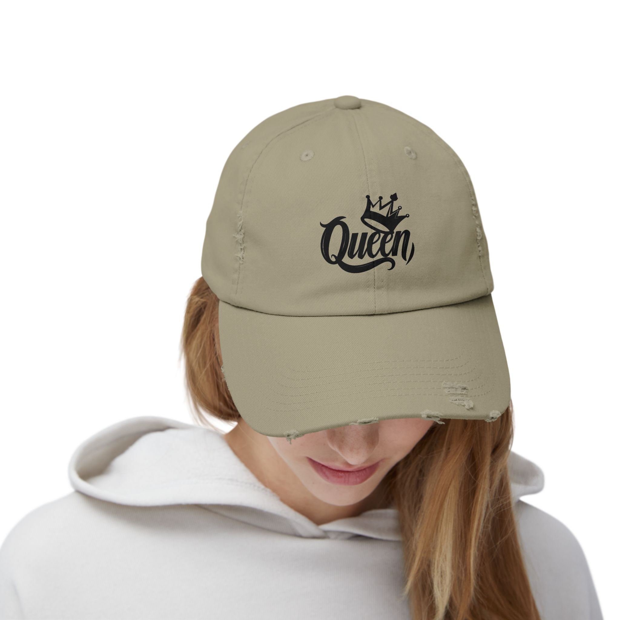 Queen Distressed Cap - Trendy Hat for Women, Casual Wear, Birthday Gift, Self-Care, Queen Vibes