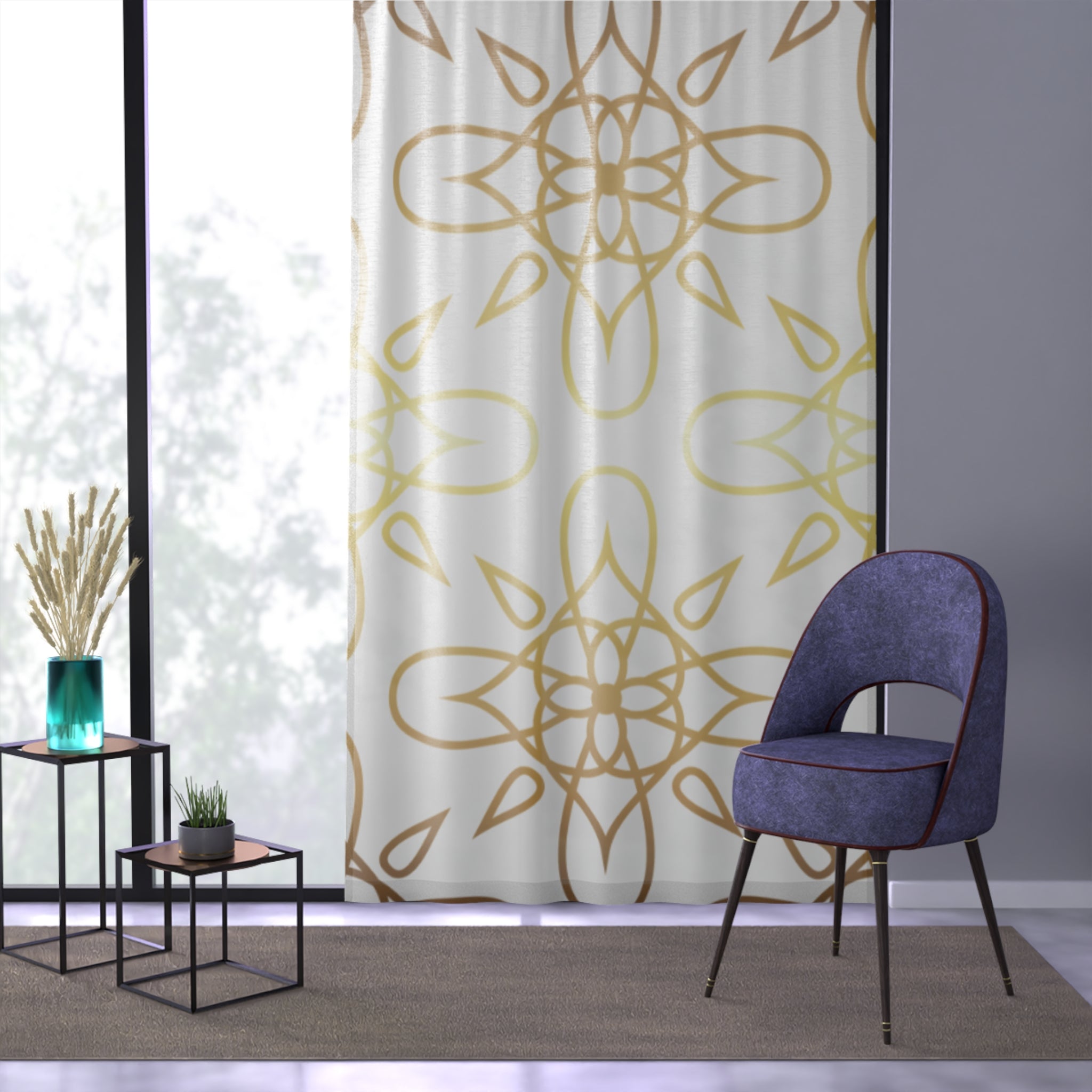Elegant Sheer Window Curtain with Gold Floral Design, Boho Decor, Home Makeover, Light Filtering Drapes, Living Room Aesthetic