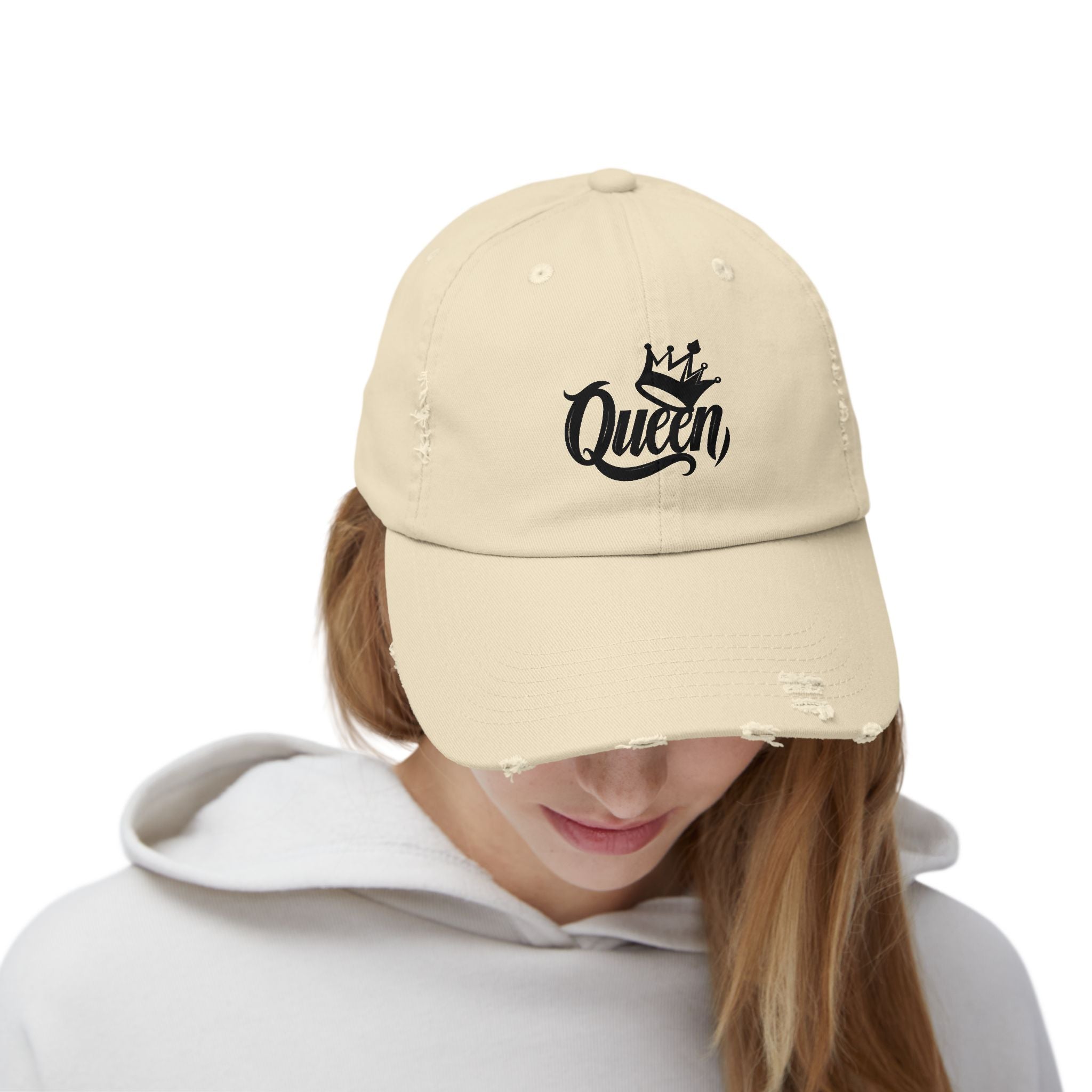Queen Distressed Cap - Trendy Hat for Women, Casual Wear, Birthday Gift, Self-Care, Queen Vibes