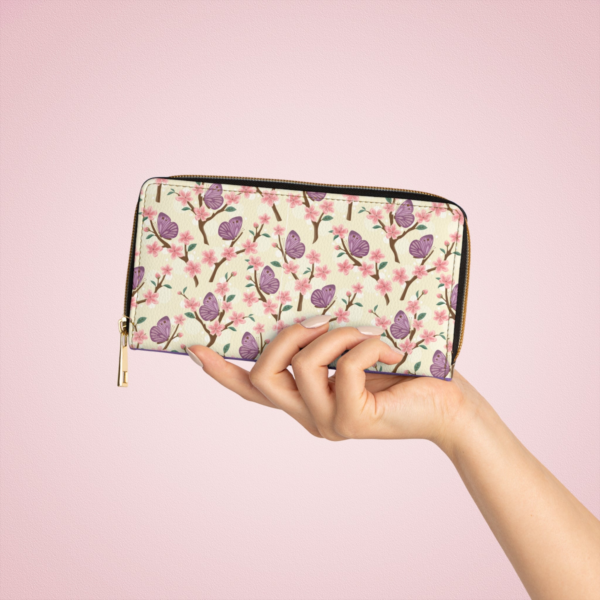 Butterfly Cherry Blossom Zipper Wallet - Spring Floral Purse, Women's Wallet, Cute Gift for Her, Butterfly Pattern, Stylish Organizer