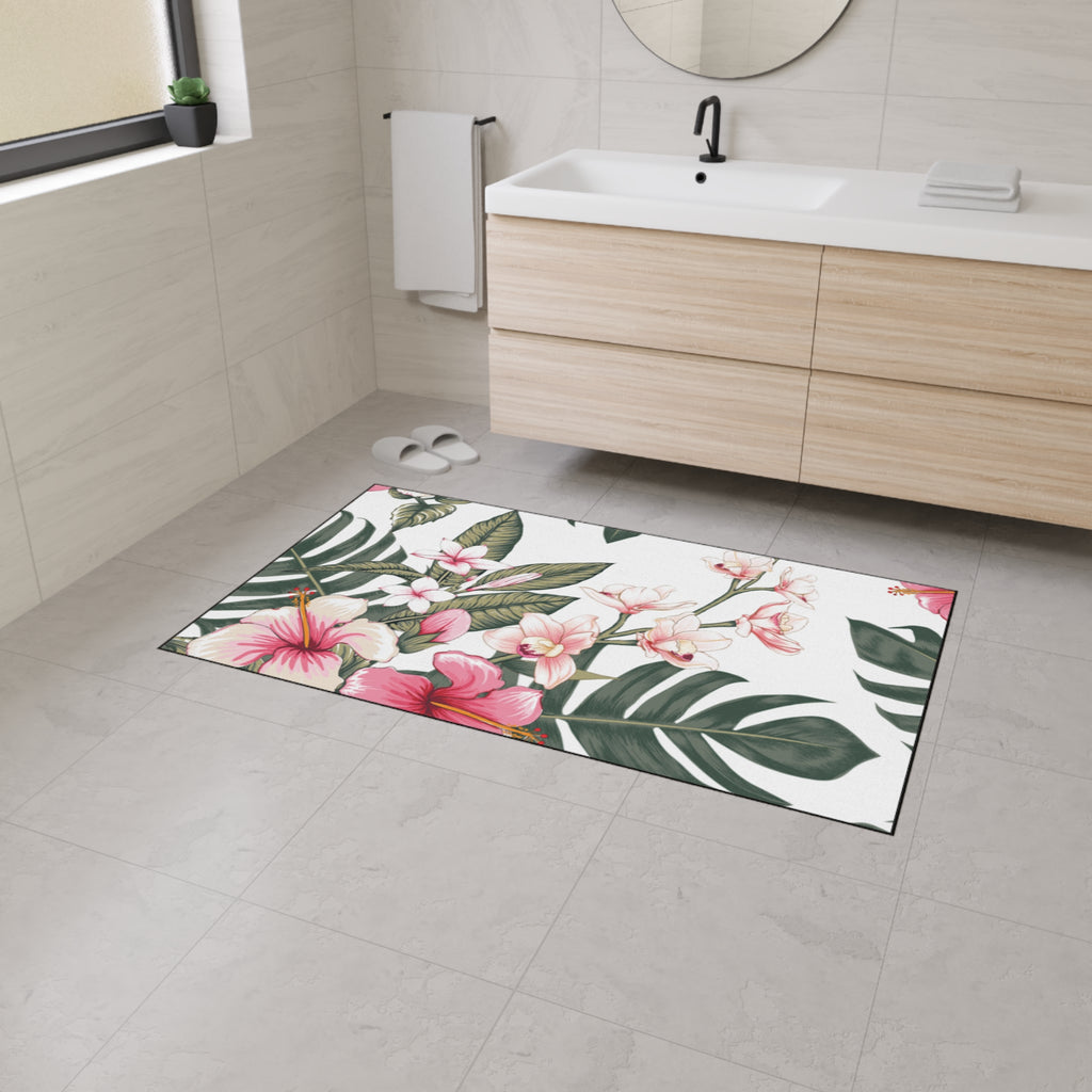 Hawaiian Tropical Plumeria Floral Heavy Duty Floor Mat, Kitchen Rug, Indoor Outdoor Welcome Mat, Home Decor, Summer Vibes, Hibiscus Design