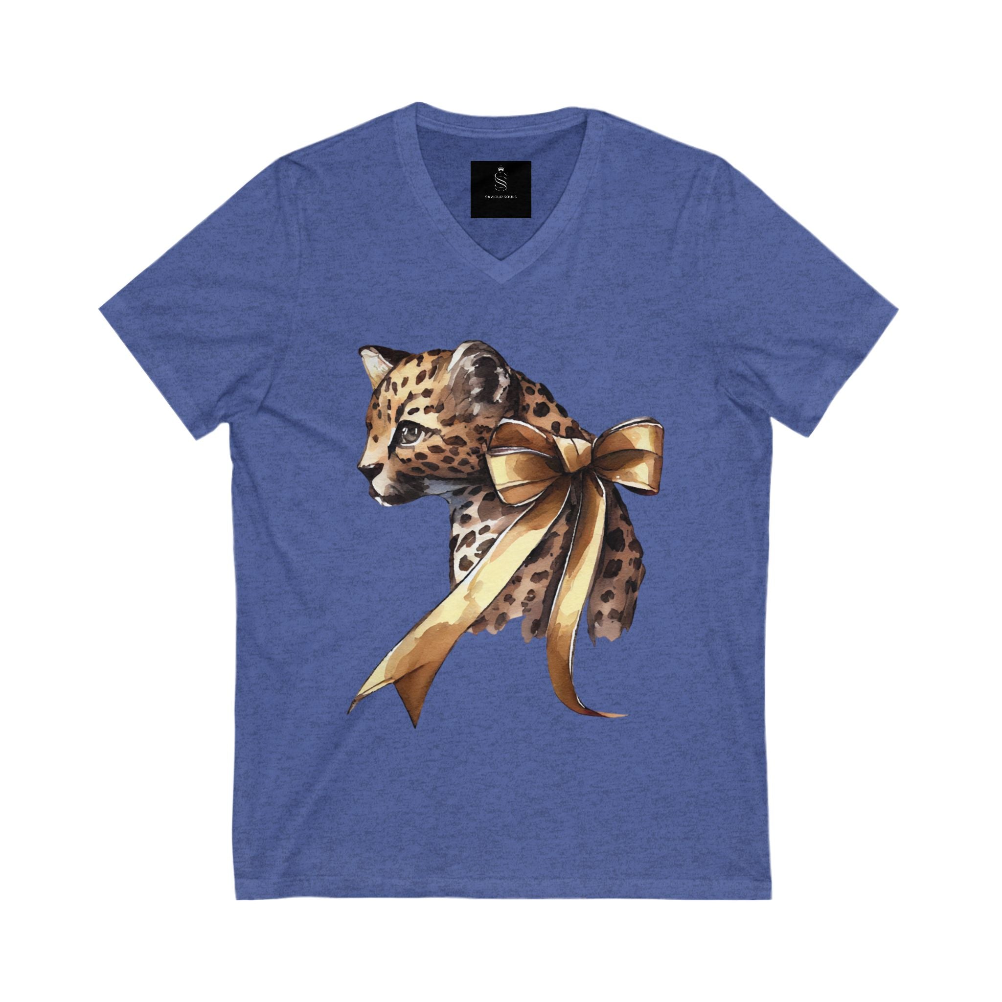 Leopard with Ribbon V-Neck T-Shirt, Cute Animal Tee, Gift for Animal Lovers, Casual Wear, Birthday Gift