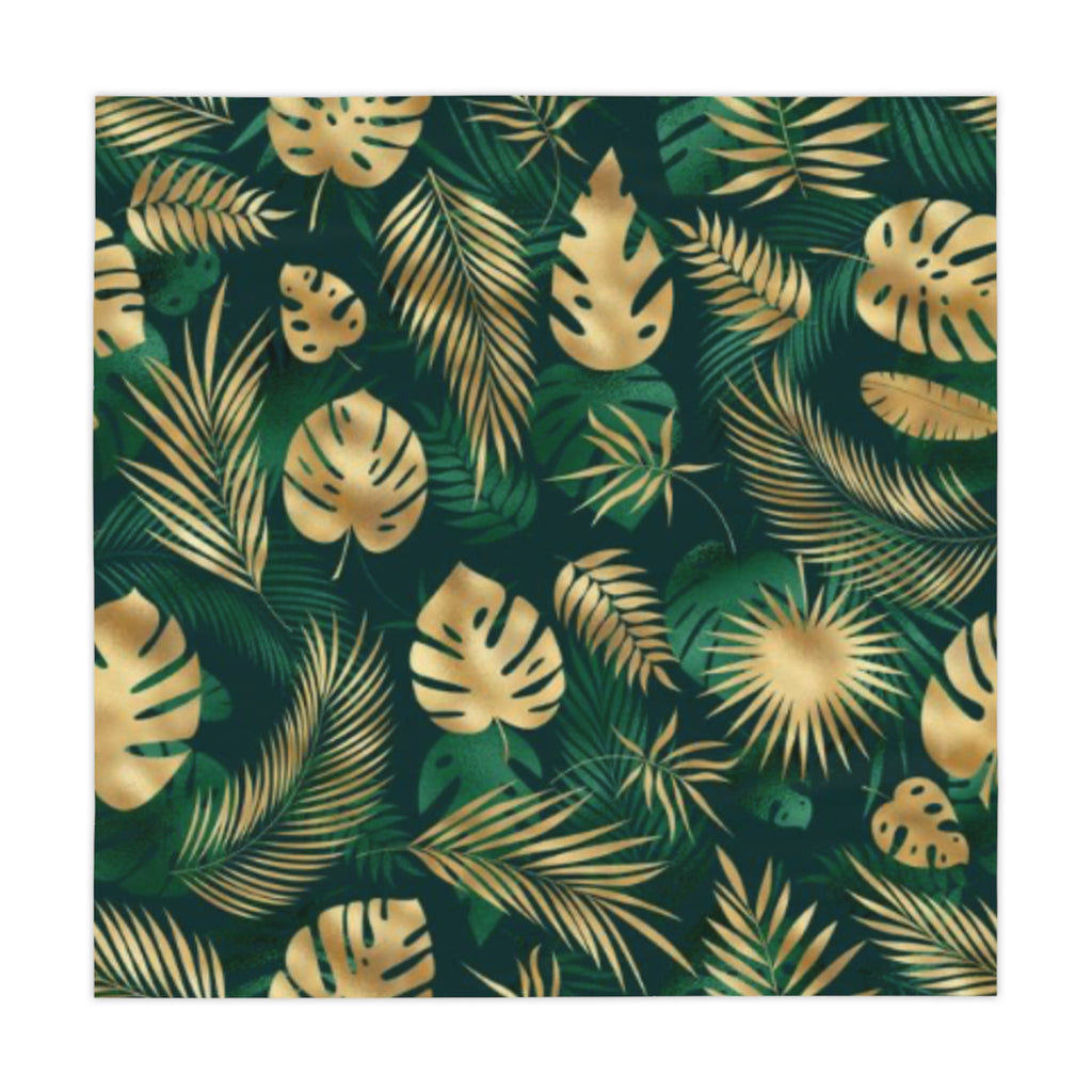 Hawaiian Tropical Monstera leafs Print Tablecloth, Elegant Dining Decor, Summer Celebration, Leafy Table Cover, Green & Gold Table Linen