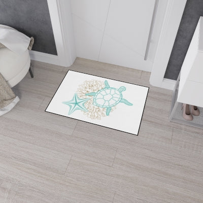 Coastal Turtle Floor Mat with Starfish Design, Decorative Entrance Rug, Beach Home Decor, Nautical Mat, Summer Gift, Indoor/Outdoor Use